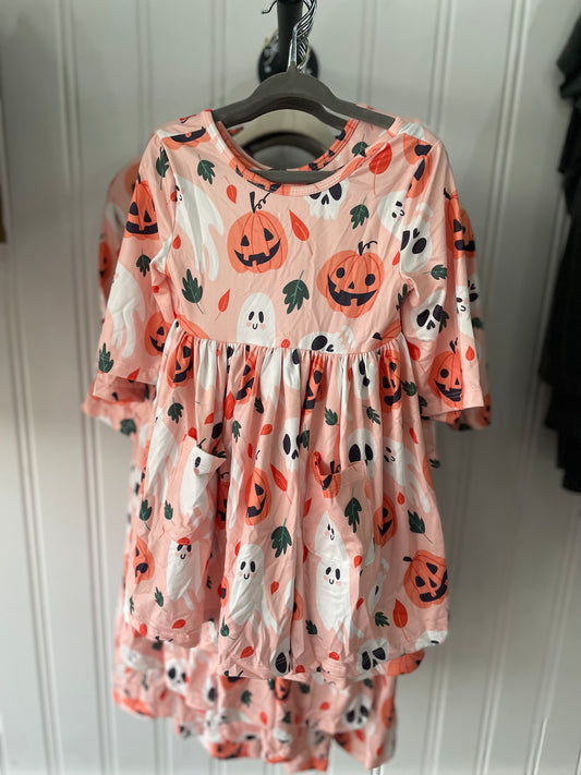 Pumpkin Peekaboo 3/4 Sleeve Pocket Twirl Dress