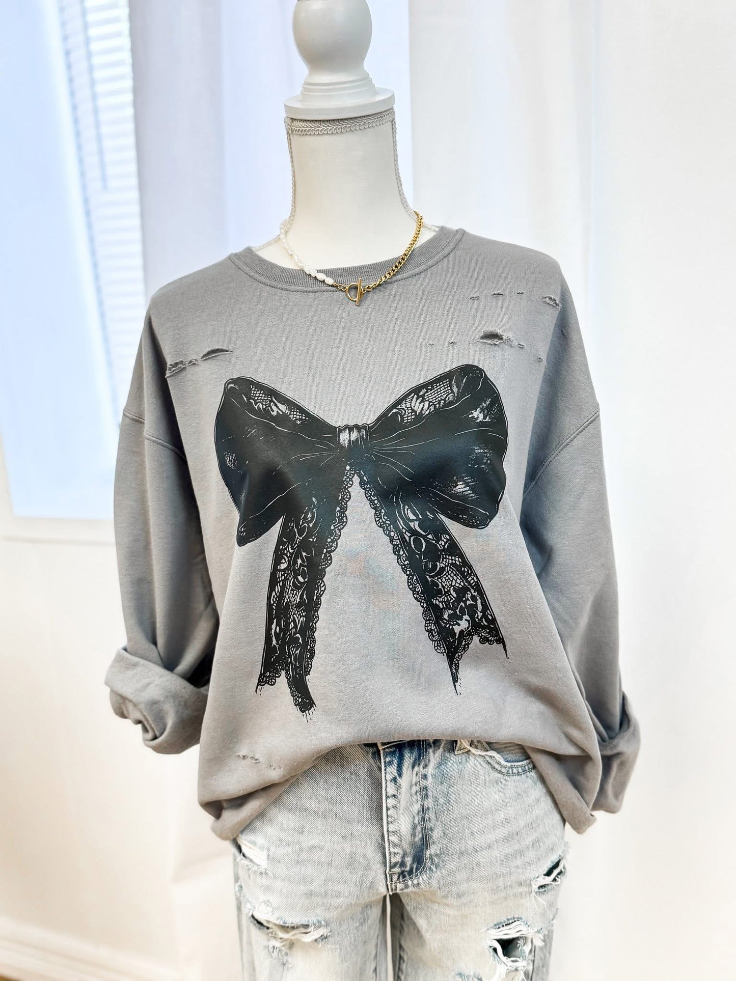 Lace Bow Tee or Distressed Sweatshirt