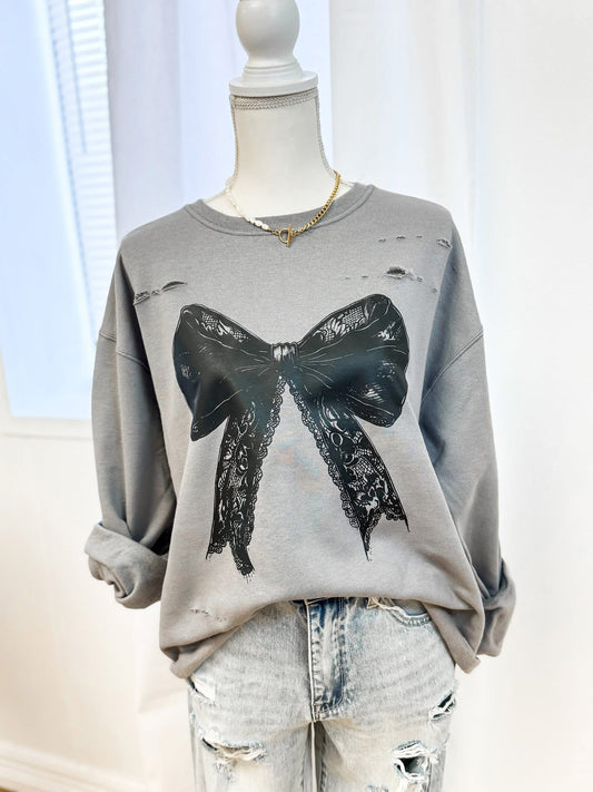 Distressed Lace Bow Crewneck - RTS