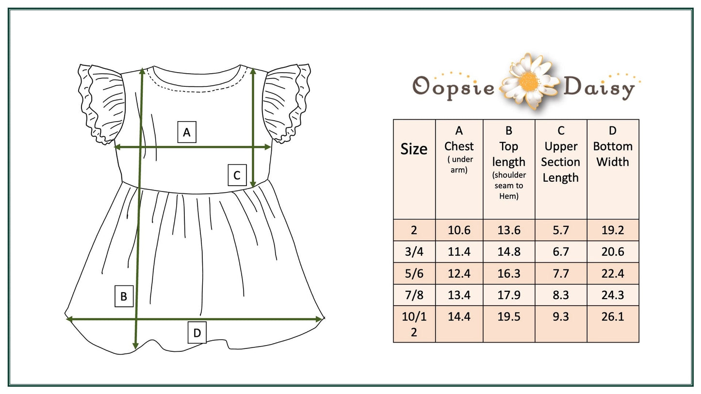 Measurement chart for a children's shirt with dimensions labeled and 'Oopsie Daisy' branding.
