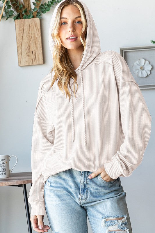 Cream Long Sleeve Rib Hooded Top