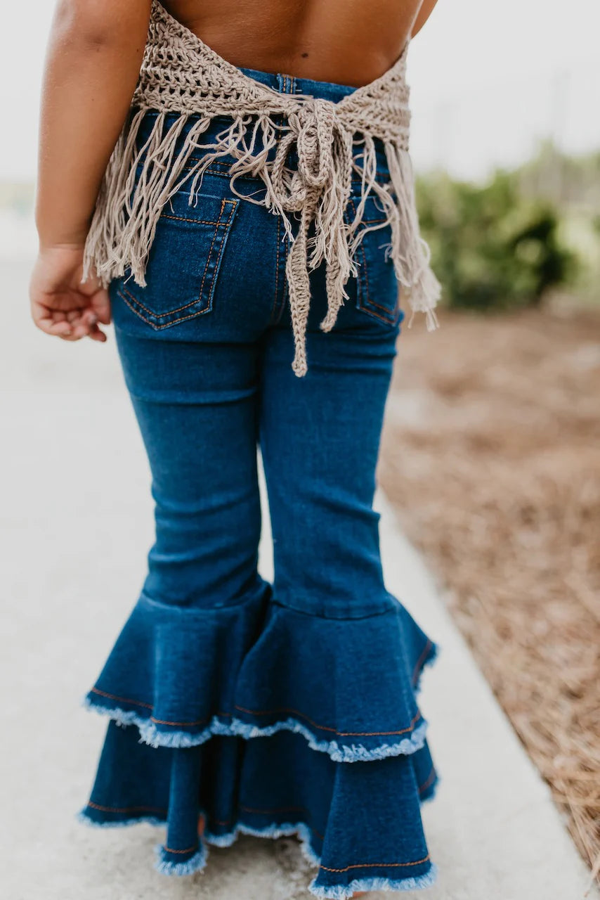 Girls Denim Double Ruffle Pant