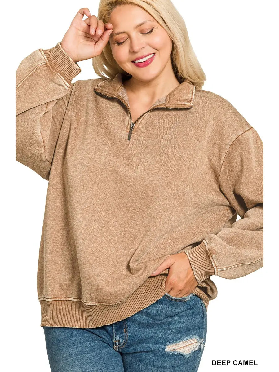 Deep Camel Acid Wash Fleece Half Zip Pullover