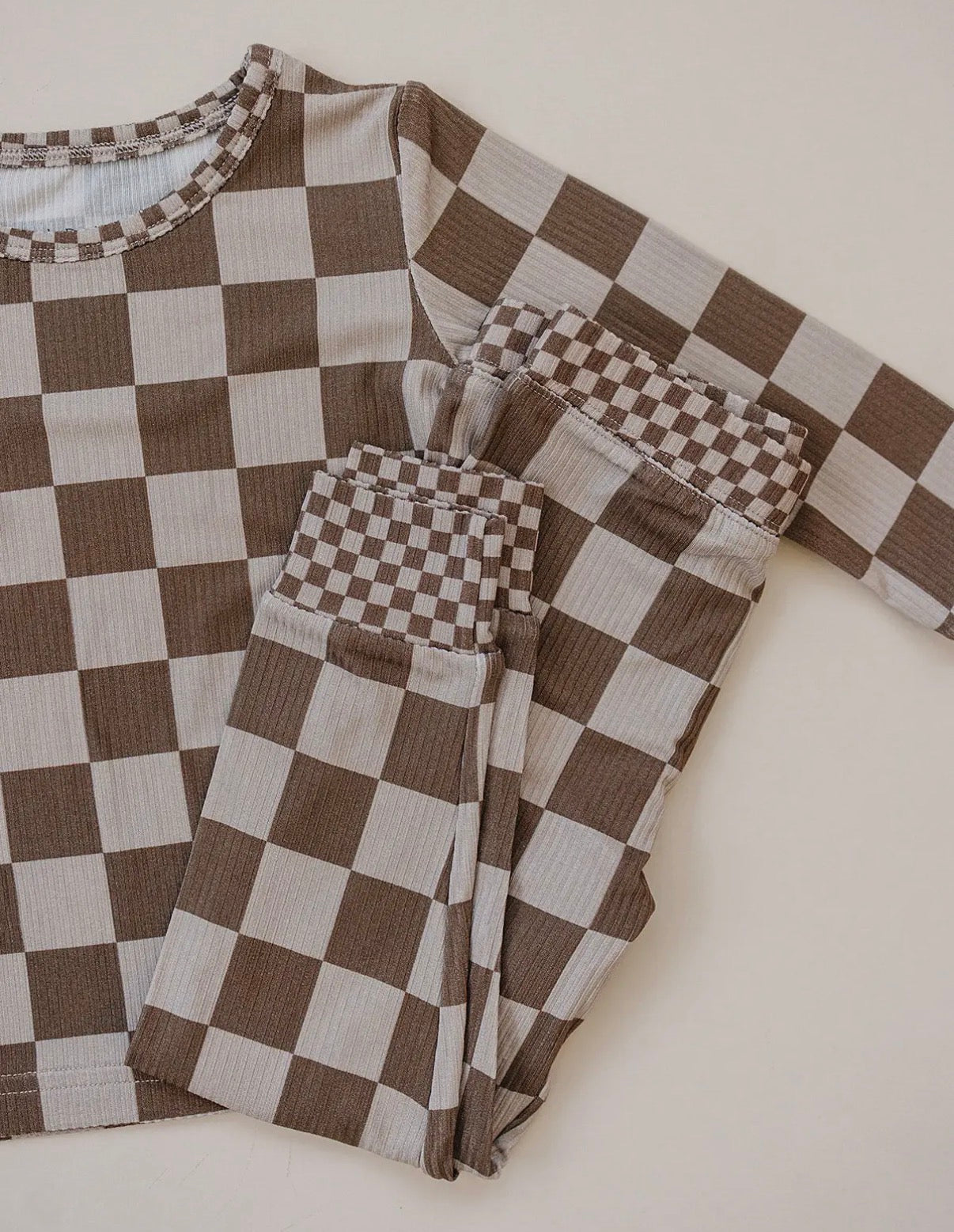 Latte Checkered Ribbed Bamboo Two Piece Set