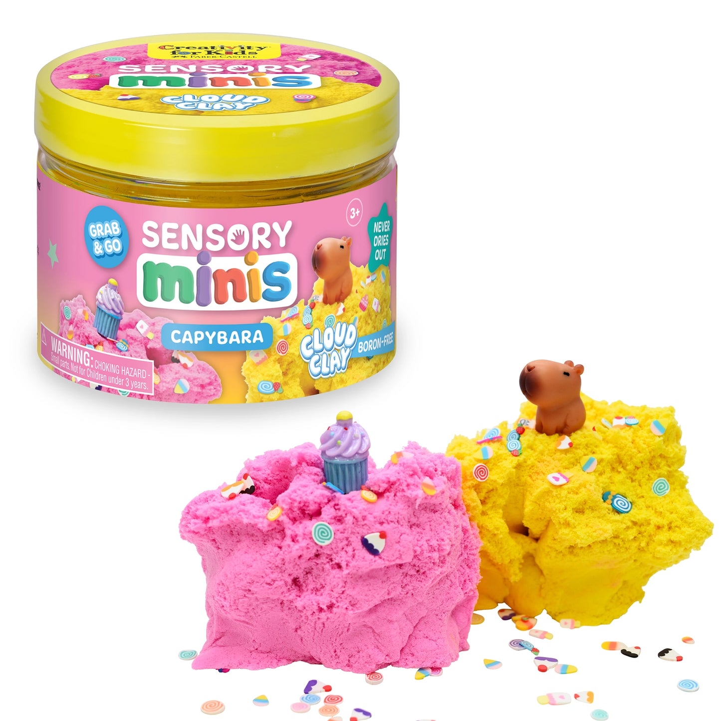 Sensory minis capybara toy with pink and yellow clay on a white background