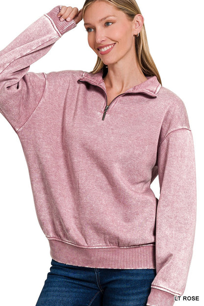 Light Rose Acid Wash Fleece Half Zip Pullover