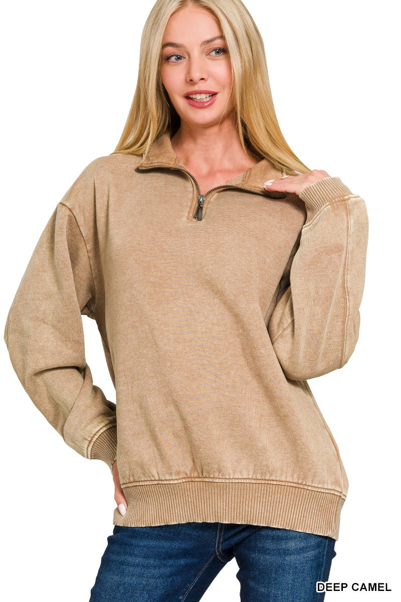 Deep Camel Acid Wash Fleece Half Zip Pullover