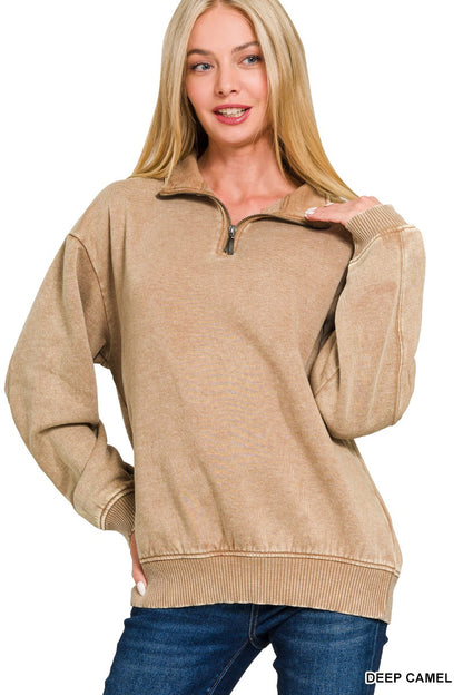 Deep Camel Acid Wash Fleece Half Zip Pullover