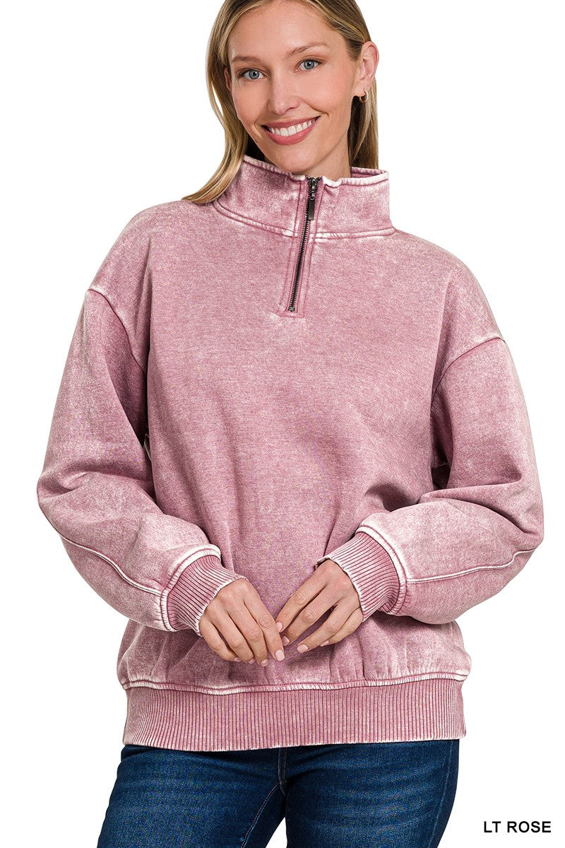 Light Rose Acid Wash Fleece Half Zip Pullover