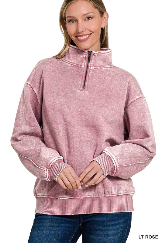 Light Rose Acid Wash Fleece Half Zip Pullover