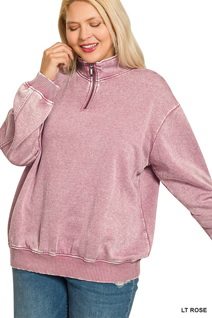 Light Rose Acid Wash Fleece Half Zip Pullover