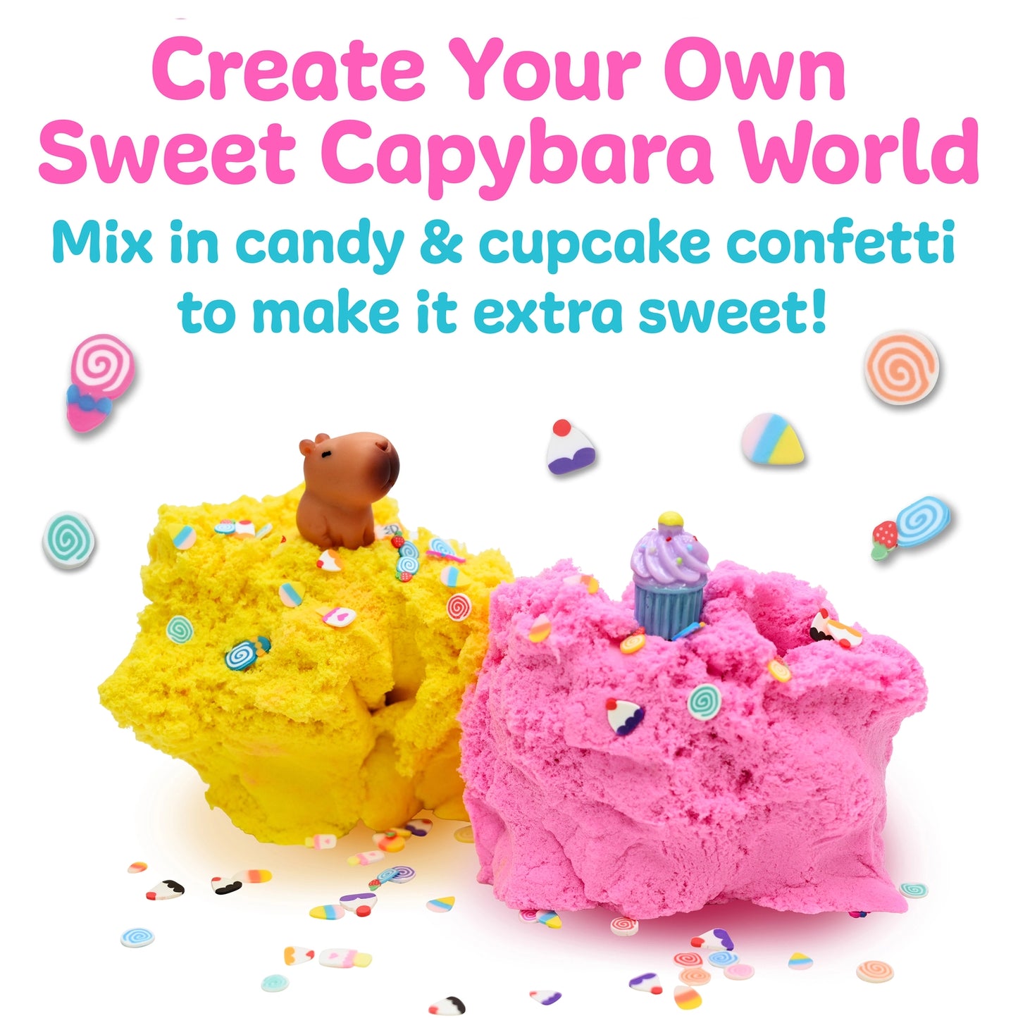 Two colorful clay figures, one yellow and one pink, with candy and cupcake confetti on a white background.