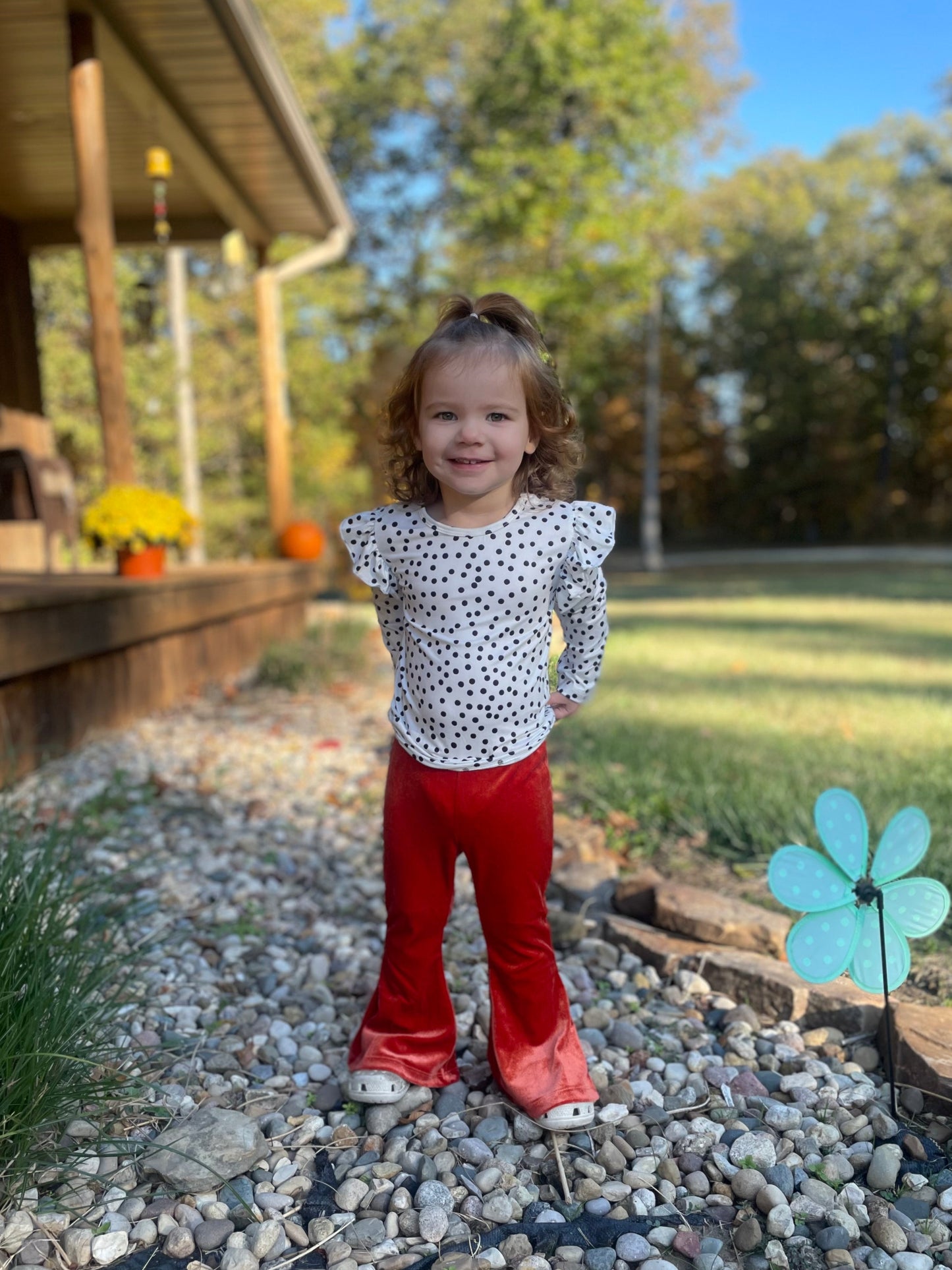 Scattered Dot L/S Ruffle Tee w/Pumpkin Spice Bells