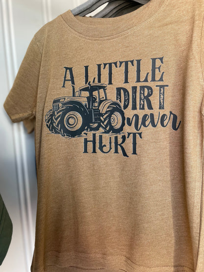 Beige t-shirt with a tractor graphic and text on a white background