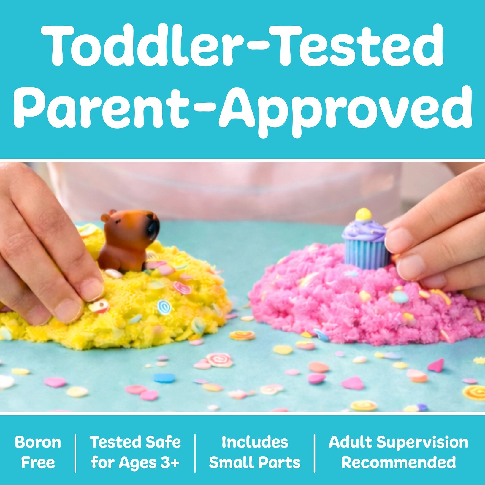 Two hands playing with colorful cloud clay on a blue surface, with text indicating safety and supervision.