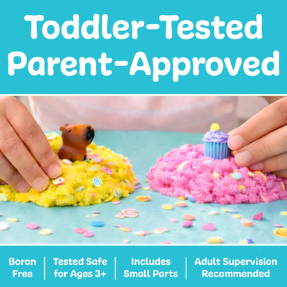Two hands playing with colorful cloud clay on a blue surface, with text indicating safety and supervision.