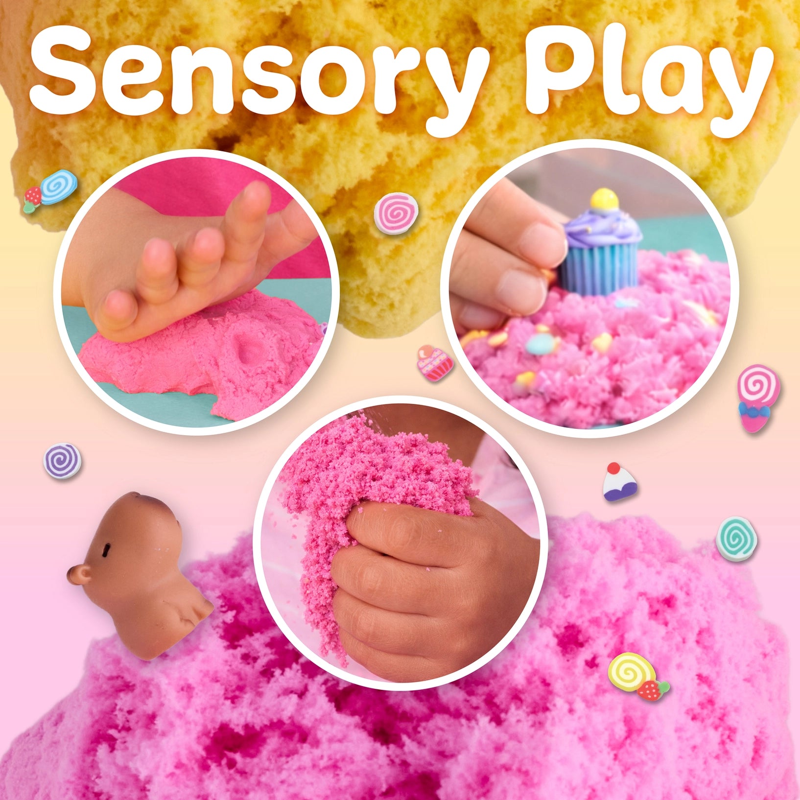 Sensory play with pink fluffy material, including hands interacting with it and a small toy.