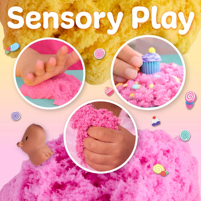 Sensory play with pink fluffy material, including hands interacting with it and a small toy.