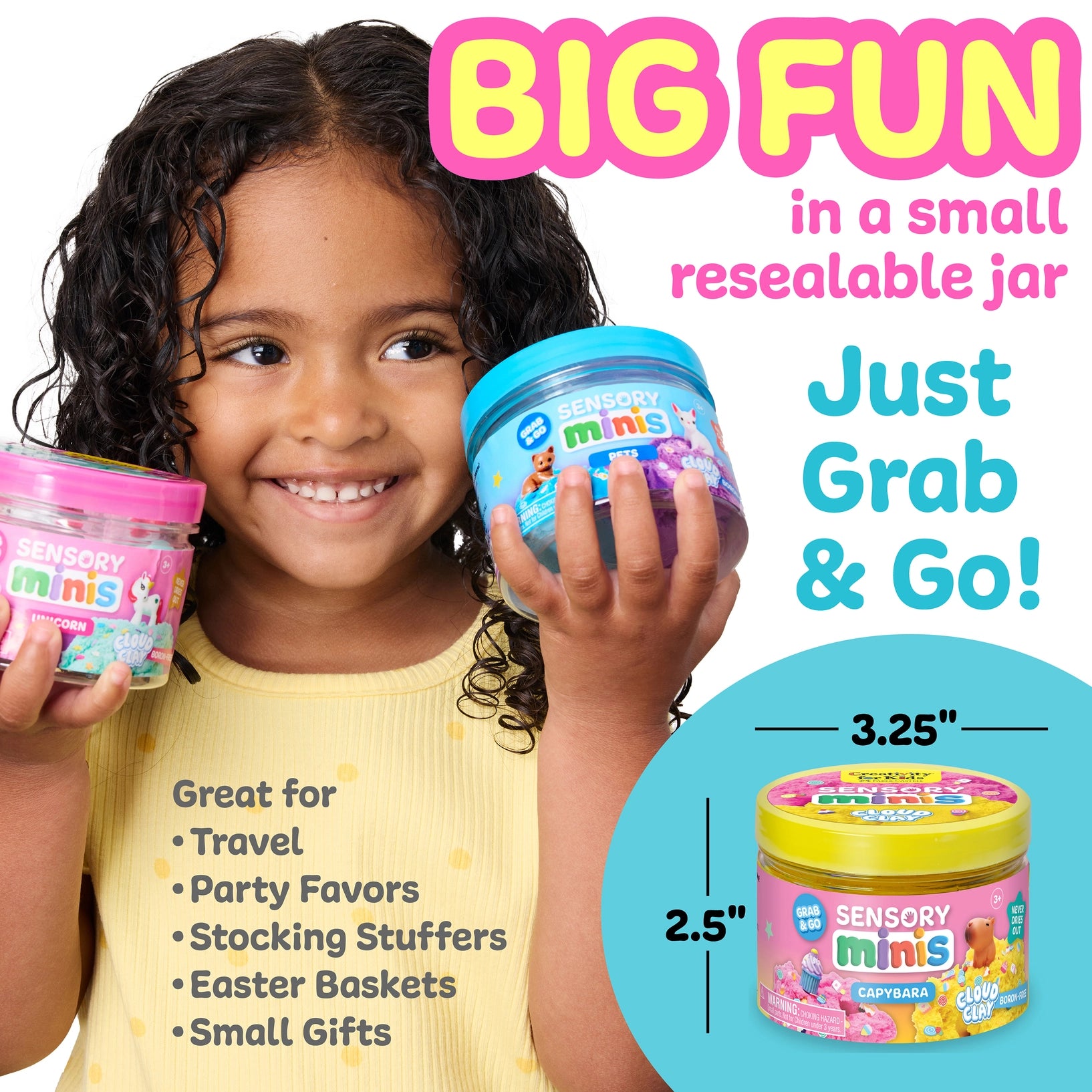 Child holding Sensory Minis containers with promotional text and product dimensions.