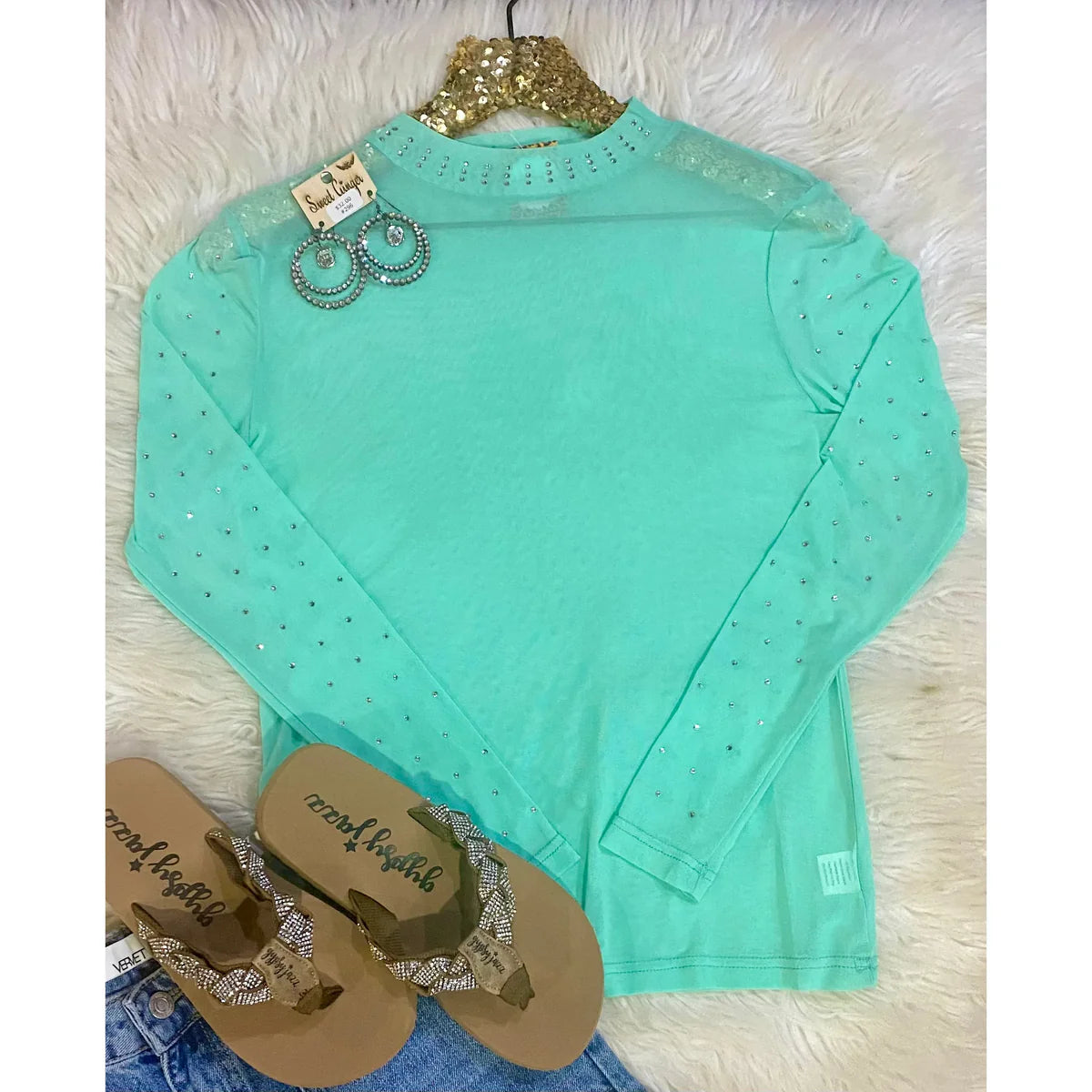 Mint Rhinestone Mesh Top