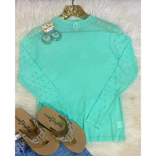 Mint Rhinestone Mesh Top