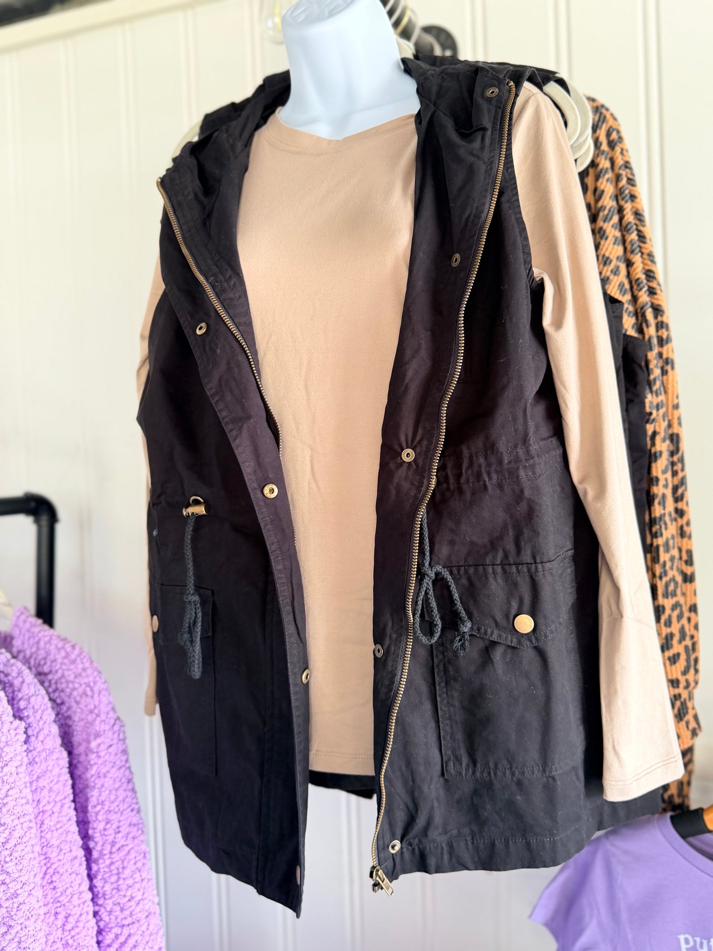 Black Zip Hooded Utility Jacket