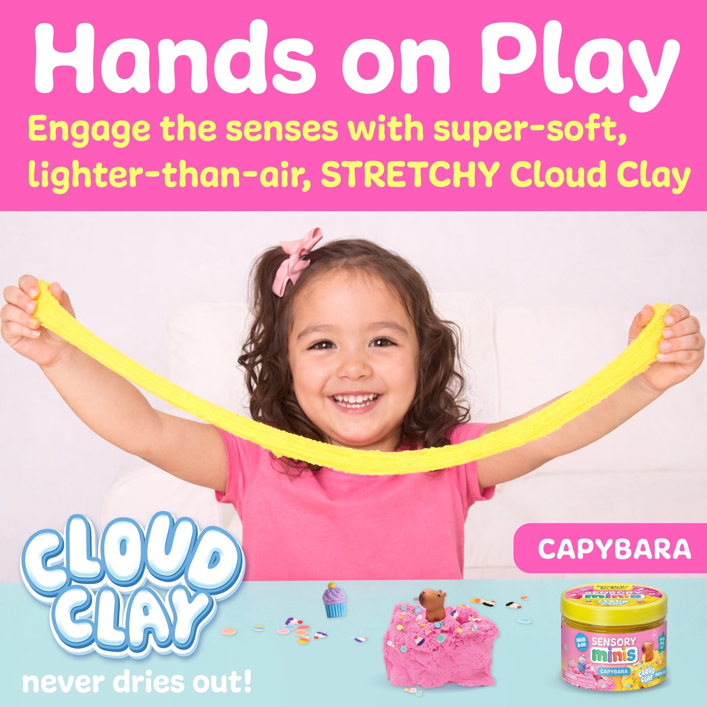 Child playing with yellow stretchy cloud clay, promotional image for Cloud Clay product.