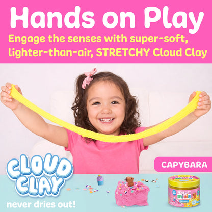 Child playing with yellow stretchy cloud clay, promotional image for Cloud Clay product.