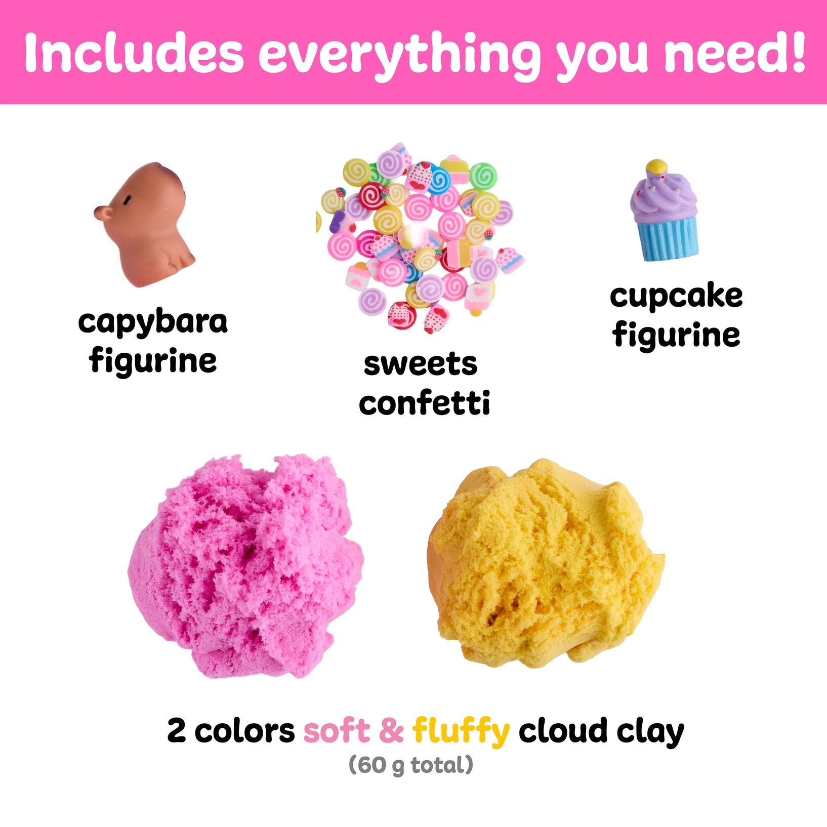 Product set with capybara figurine, sweets confetti, cupcake figurine, pink and yellow cloud clay on a white background.