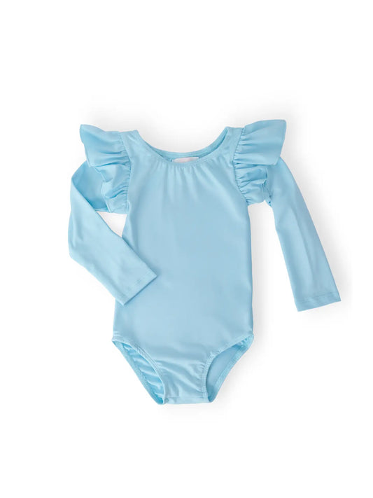 Light blue leotard with ruffled long sleeves on a white background