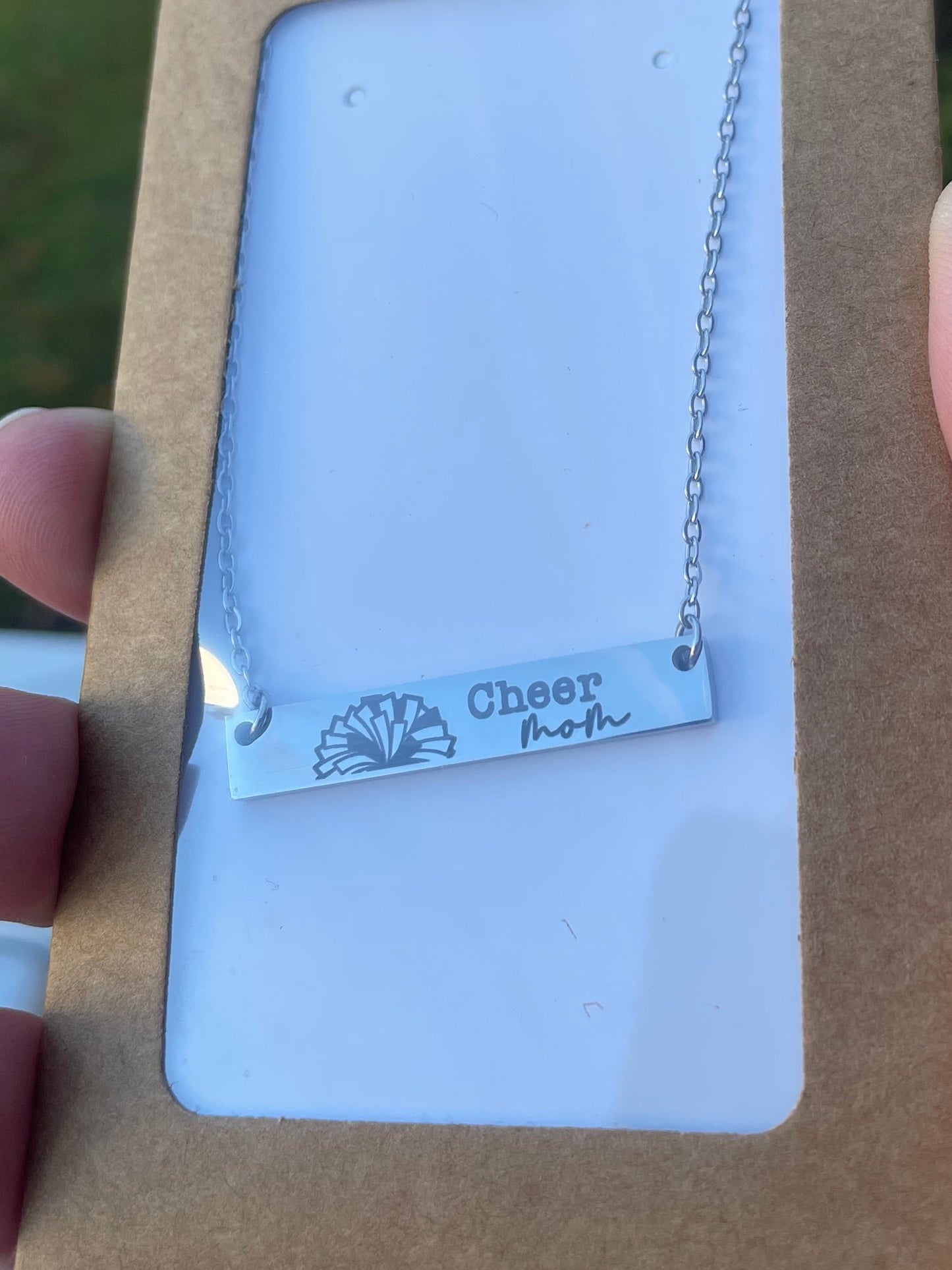 Custom engraved bar necklace with "cheer mom" design