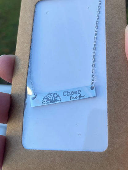 Custom engraved bar necklace with "cheer mom" design