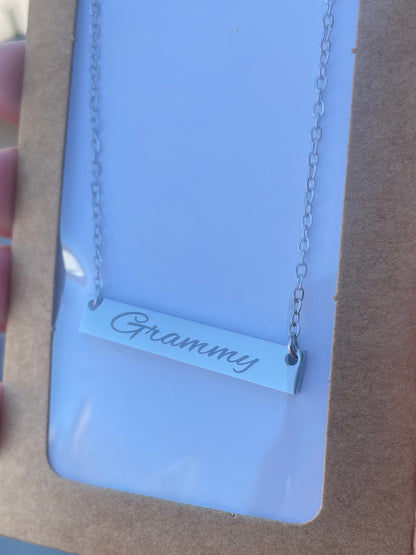 Custom engraved bar necklace with "Grammy" script design