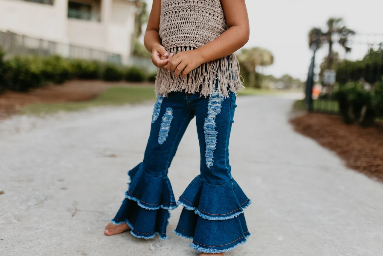 Girls Denim Double Ruffle Pant