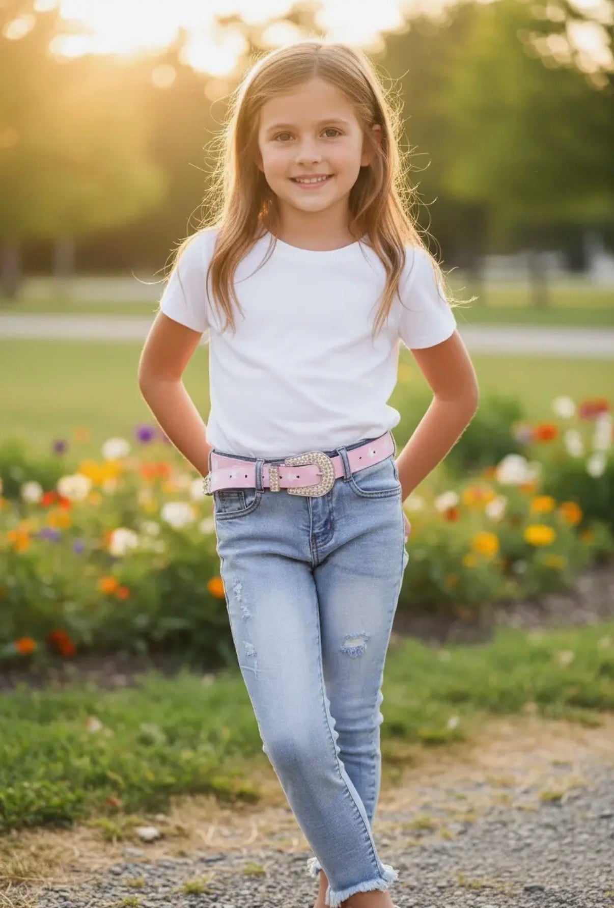 Young girl in a white t-shirt and blue jeans standing in a park with flowers and trees in the background.