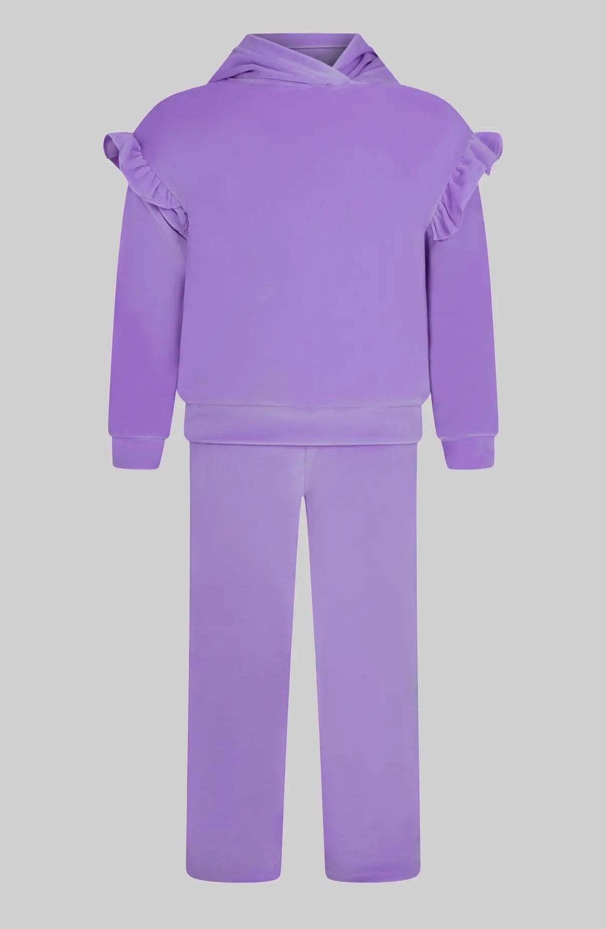 Purple hoodie and pants set on a light gray background