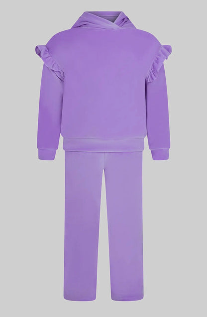 Purple hoodie and pants set on a light gray background