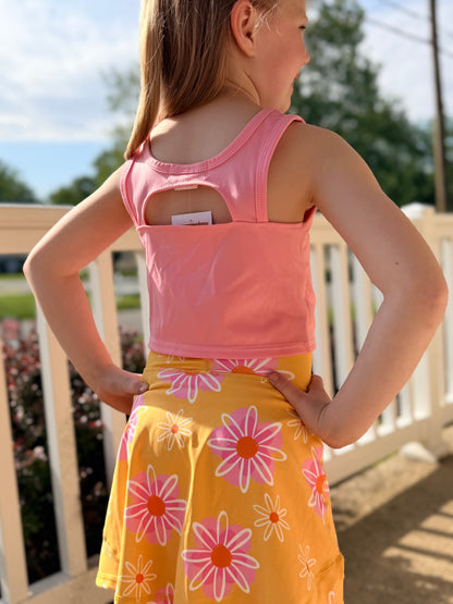 Girls Pink Daisy 2 Piece Athletic Active Skirted Sport Set