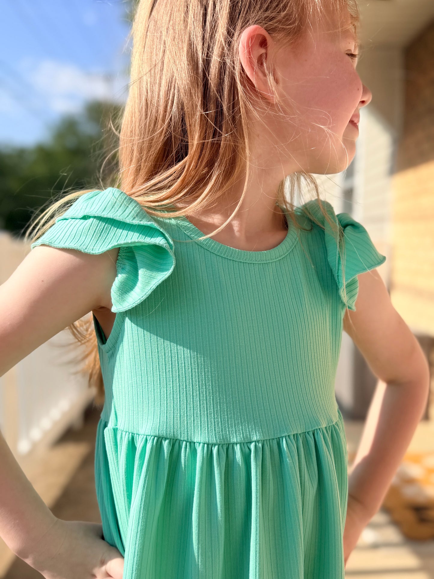 Girls Turquoise Double Ruffle Flutter Sleeve Spring Shirt