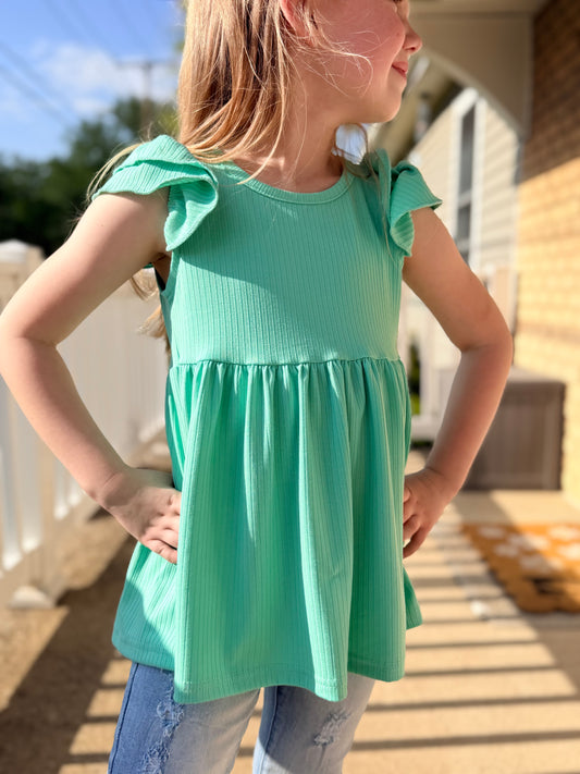 Girls Turquoise Double Ruffle Flutter Sleeve Spring Shirt