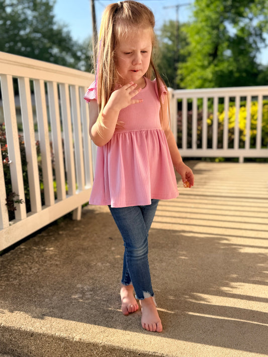 Girls Light Pink Ribbed Double Ruffle Flutter Sleeve Spring Shirt