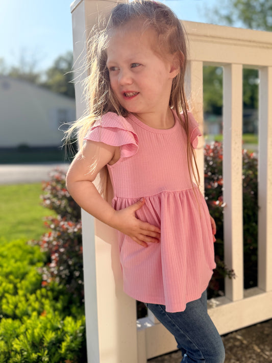 Girls Light Pink Ribbed Double Ruffle Flutter Sleeve Spring Shirt