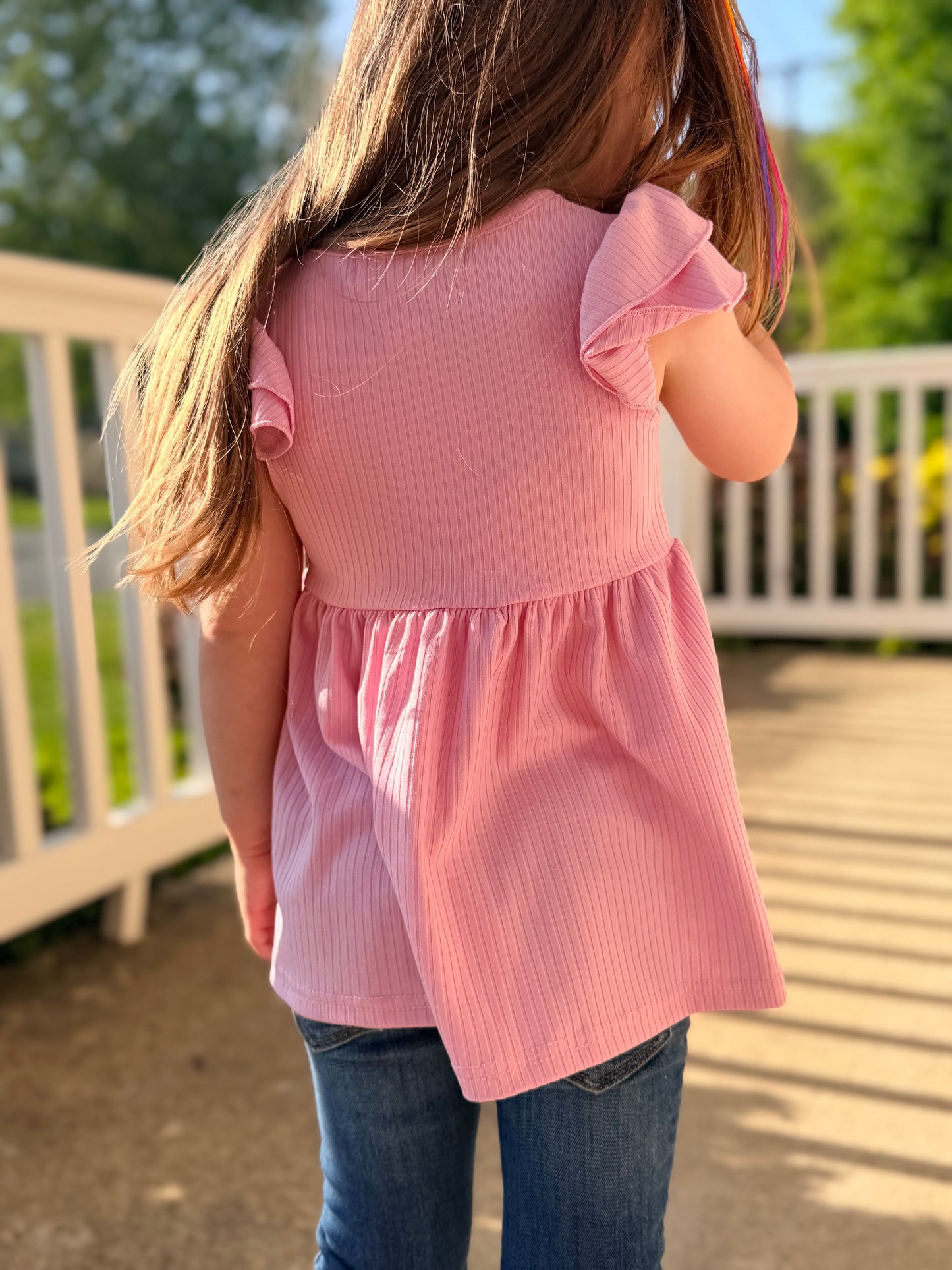 Girls Light Pink Ribbed Double Ruffle Flutter Sleeve Spring Shirt