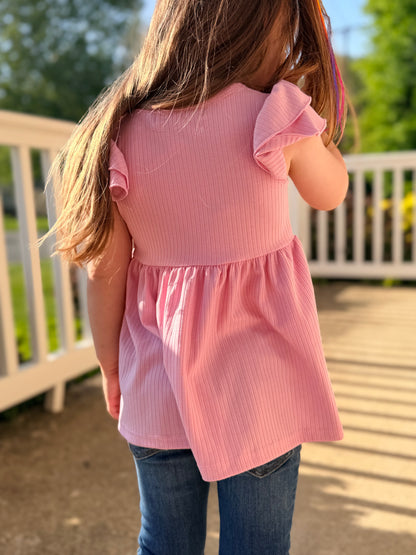 Girls Light Pink Ribbed Double Ruffle Flutter Sleeve Spring Shirt