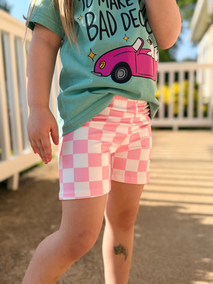 Girls Pink Checkered Bike Shorts