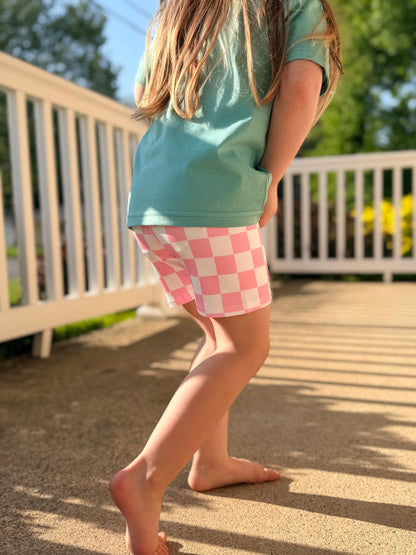 Girls Pink Checkered Bike Shorts