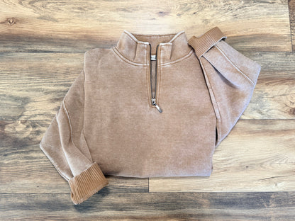 Deep Camel Acid Wash Fleece Half Zip Pullover