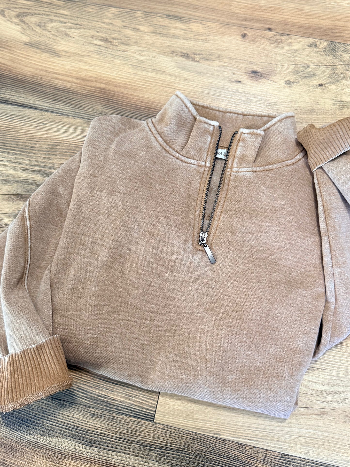 Deep Camel Acid Wash Fleece Half Zip Pullover