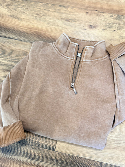 Deep Camel Acid Wash Fleece Half Zip Pullover