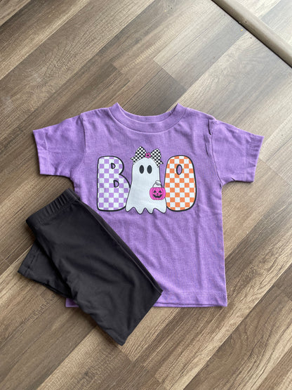 Purple shirt with Halloween-themed design featuring a ghost and checkered letters